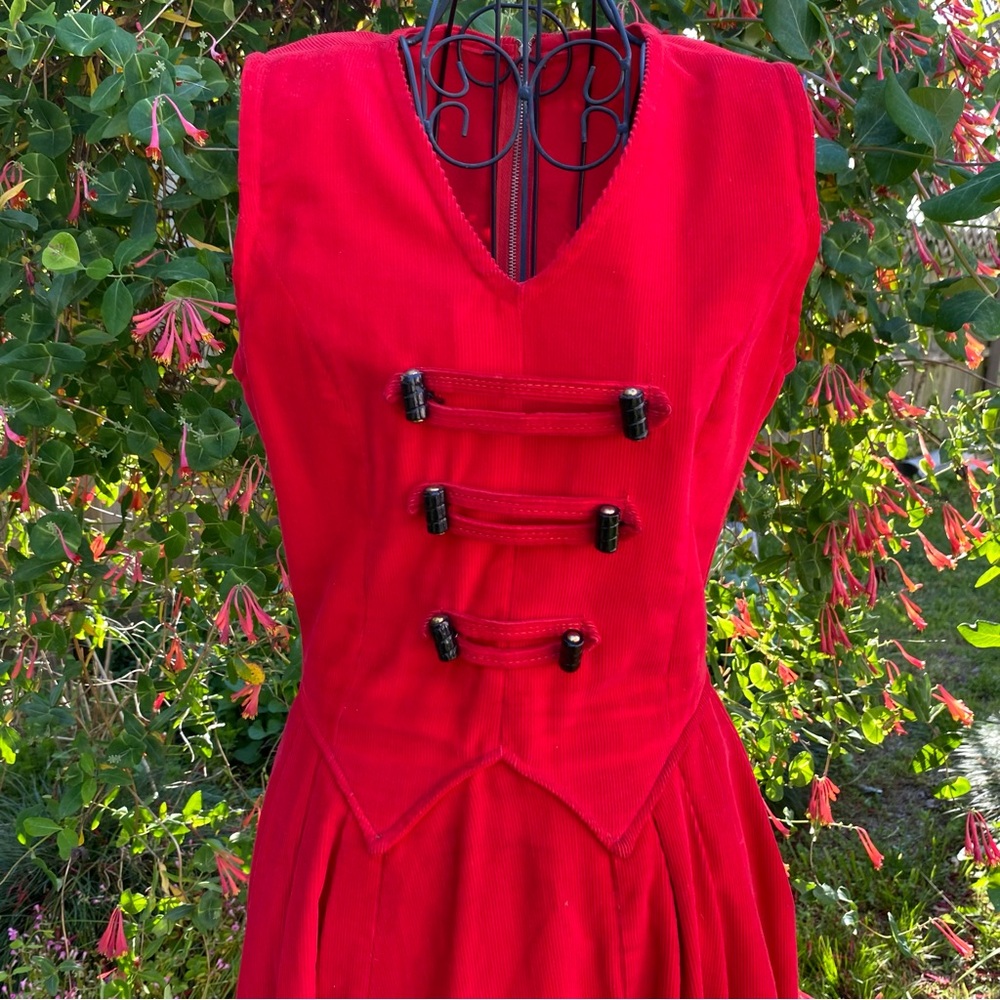 Vintage Corduroy Red Corset Top MIDI 50s Dress